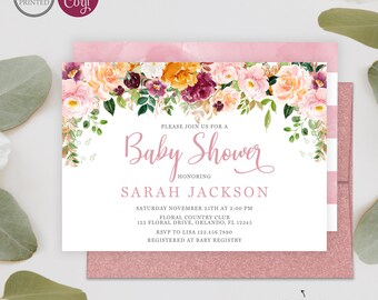 Floral Baby Shower Invitation | Watercolor Floral Baby Shower Invite | Digital or Printed