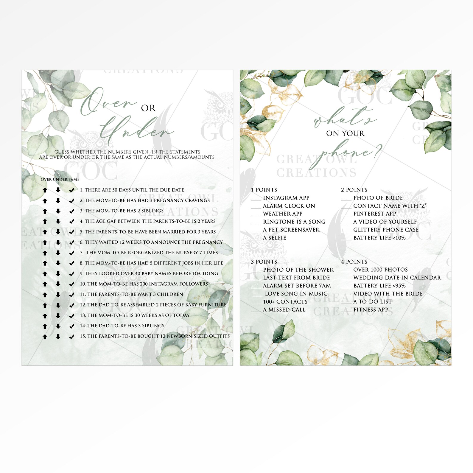 Instant Download Printable Greenery Baby Shower Games Package - Etsy