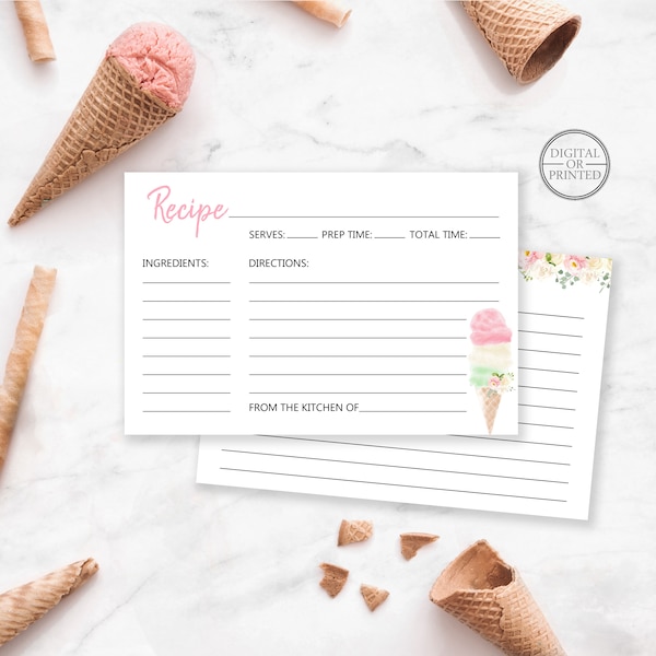 Ice Cream Recipe Cards | 2- Sided Recipe Cards | Bridal Shower Ice Cream Recipe Cards | Instant Editable Digital or Printed | BR-22420