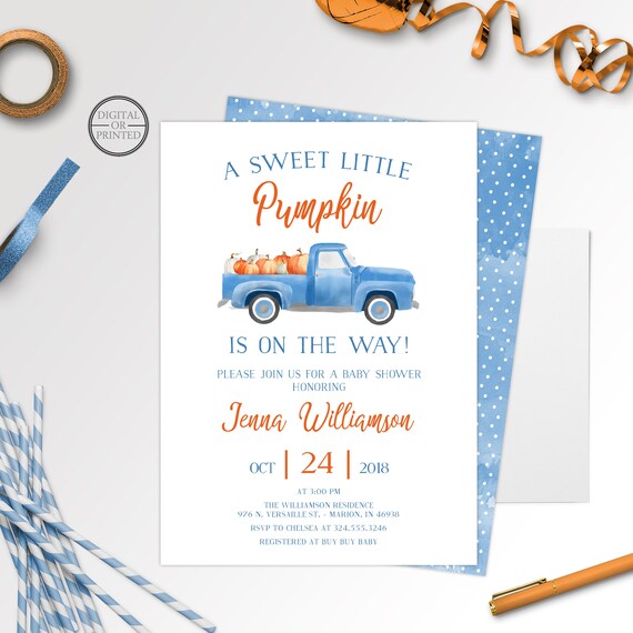 Fall Blue Truck Sweet Little Pumpkin Baby Shower Invitation Il_570xn