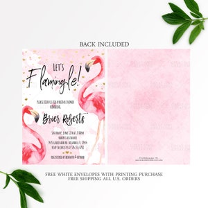 Puede incluir: Una invitaci&oacute;n de ducha nupcial rosa con una ilustraci&oacute;n de acuarela de dos flamencos. El texto dice "Let's Flamingle!" e incluye el nombre de la novia, Brier Roberts, la fecha y hora de la ducha, y la ubicaci&oacute;n. La invitaci&oacute;n tambi&eacute;n incluye informaci&oacute;n de RSVP y la ubicaci&oacute;n del registro.