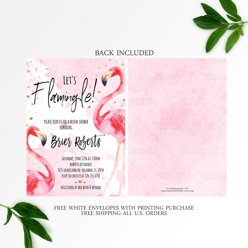 Puede incluir: Una invitaci&oacute;n de ducha nupcial rosa con una ilustraci&oacute;n de acuarela de dos flamencos. El texto dice "Let's Flamingle!" e incluye el nombre de la novia, Brier Roberts, la fecha y hora de la ducha, y la ubicaci&oacute;n. La invitaci&oacute;n tambi&eacute;n incluye informaci&oacute;n de RSVP y la ubicaci&oacute;n del registro.