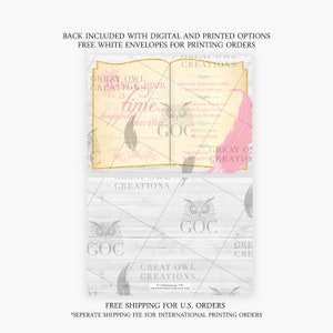 May include: A white woodgrain background with a pink and gold owl book invitation. The invitation says "Great Owl Creations Upon a Time Happily Ever After". The invitation also includes the text "Great Owl Creations" and a feather.