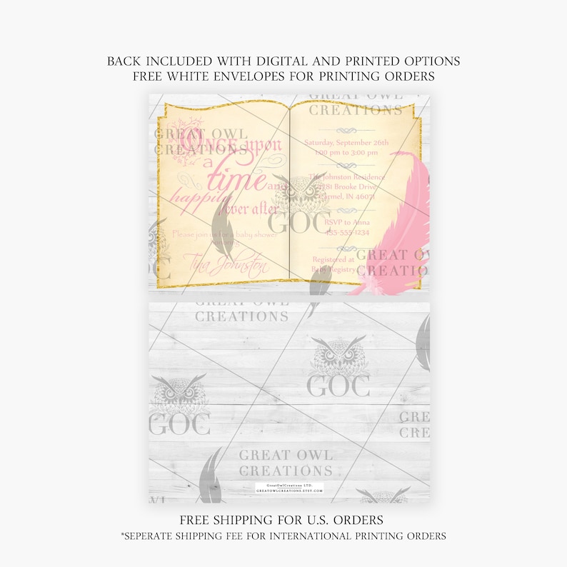May include: A white woodgrain background with a pink and gold owl book invitation. The invitation says "Great Owl Creations Upon a Time Happily Ever After". The invitation also includes the text "Great Owl Creations" and a feather.