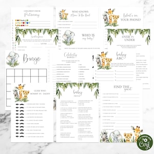 Op de afbeelding: Een verzameling afdrukbare babyshower-spellen met safari-dierillustraties. Spellen zijn onder meer Pictionary, Bingo, trivia en meer. De ontwerpen bevatten aquarelbladeren en schattige dieren zoals giraffen en olifanten.