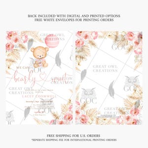 Boho Bear Baby Shower Invitation | Pink Pampas Teddy Bear Girl Baby Shower Invite | Digital or Printed Instant Editable Template image 2