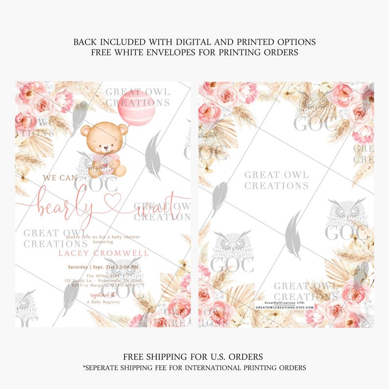 Boho Bear Baby Shower Invitation | Pink Pampas Teddy Bear Girl Baby Shower Invite | Digital or Printed Instant Editable Template image 2
