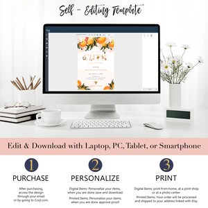 May include: A computer screen displaying a digital invitation template with a floral design and the text "A Little Cutie is on the Way". The invitation is for a baby shower. The text "Edit & Download with Laptop, PC, Tablet, or Smartphone" is below the computer screen. Three numbered steps are listed below the text: 1. Purchase, 2. Personalize, 3. Print.
