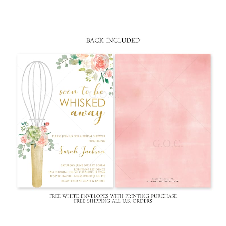 May include: A pink and green floral bridal shower invitation with a gold whisk illustration and the text "soon to be whisked away". The invitation includes the bride's name, the date and time of the shower, and the location. Free white envelopes with printing purchase and free shipping on all US orders.