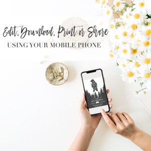 May include: A white background with a smartphone displaying a black and white baby shower invitation with a bear silhouette and the text "A baby boy is on the way!"  The text "Edit, Download, Print or Share USING YOUR MOBILE PHONE" is at the top of the image.