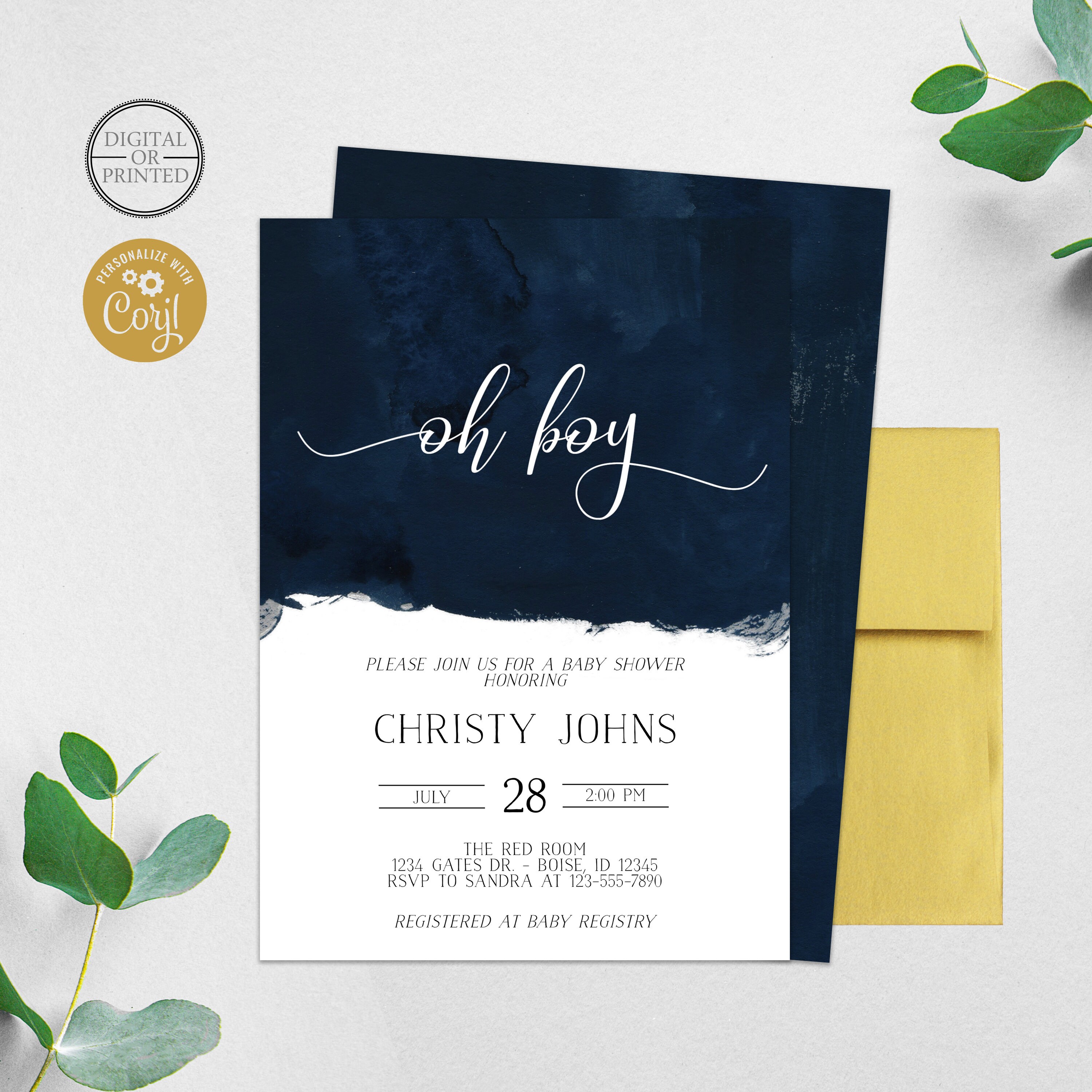 Navy Oh Boy Baby Shower Invitation | Modern Baby Shower Invitation | Boy Baby Shower Invitation | Digital or Printed