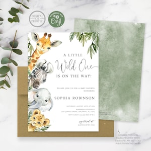 May include: A baby shower invitation card featuring watercolor illustrations of a giraffe, zebra, elephant, and lion cub. The text reads A LITTLE Wild One IS ON THE WAY! PLEASE JOIN US FOR A BABY SHOWER HONORING SOPHIA ROBINSON, with event details and a green envelope.