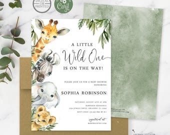 May include: A baby shower invitation card featuring watercolor illustrations of a giraffe, zebra, elephant, and lion cub. The text reads A LITTLE Wild One IS ON THE WAY! PLEASE JOIN US FOR A BABY SHOWER HONORING SOPHIA ROBINSON, with event details and a green envelope.