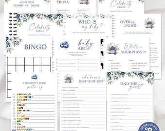 May include: A collection of navy blue and white baby shower games with blueberry and floral accents. Games include "Guess Who Mommy or Daddy," "Baby Trivia," "Celebrity Babies," "Who is my baby?" and "Bingo." The text "Personalize with Corjl" is also visible.