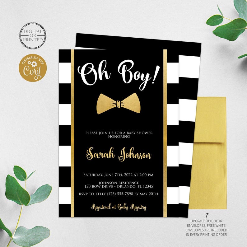 Little Man Baby Shower Invitation | Oh Boy Baby Shower Invitation | Bow Tie Baby Shower | Black and White | Black and Gold | Formal image 1