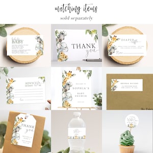 May include: A set of printable baby shower decorations featuring a jungle animal theme. The set includes a welcome sign, thank you cards, advice for mommy-to-be cards, a diaper raffle card, a water bottle label, a cupcake topper, and a gift tag. The decorations feature a giraffe, elephant, lion, and zebra with a watercolor style.
