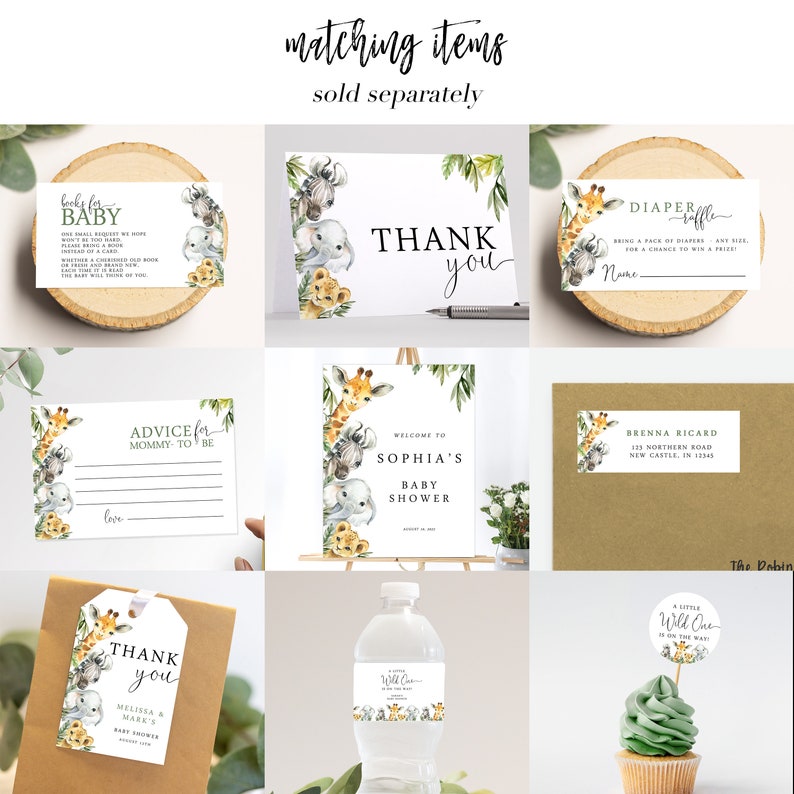 May include: A set of printable baby shower decorations featuring a jungle animal theme. The set includes a welcome sign, thank you cards, advice for mommy-to-be cards, a diaper raffle card, a water bottle label, a cupcake topper, and a gift tag. The decorations feature a giraffe, elephant, lion, and zebra with a watercolor style.