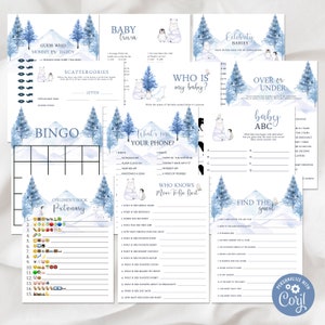 May include: A set of printable baby shower games featuring a winter wonderland theme with polar bears and penguins. The games include "Guess Who Mommy or Daddy", "Scattergories", "Bingo", "Baby Trivia", "What's on Your Phone", "Who Knows Mom-to-Be Best", "Who is My Baby", "Over or Under", "Baby ABC", "Find the Guest", and "Celebrity Babies".