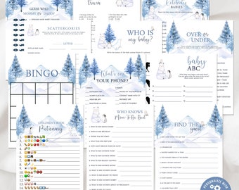May include: A set of printable baby shower games featuring a winter wonderland theme with polar bears and penguins. The games include "Guess Who Mommy or Daddy", "Scattergories", "Bingo", "Baby Trivia", "What's on Your Phone", "Who Knows Mom-to-Be Best", "Who is My Baby", "Over or Under", "Baby ABC", "Find the Guest", and "Celebrity Babies".