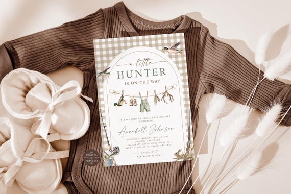Hunting Baby Shower Invitation, A Little Hunter is on the Way Baby Shower Invite, Instant Editable Digital or Printed, BA102025