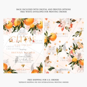 May include: A digital printable invitation for a baby shower with a citrus theme. The invitation features a watercolor illustration of oranges, lemons, and flowers. The text on the invitation reads "A Little Cutie is on the way!" and "Great Owl Creations honoring Brenna Ricard".