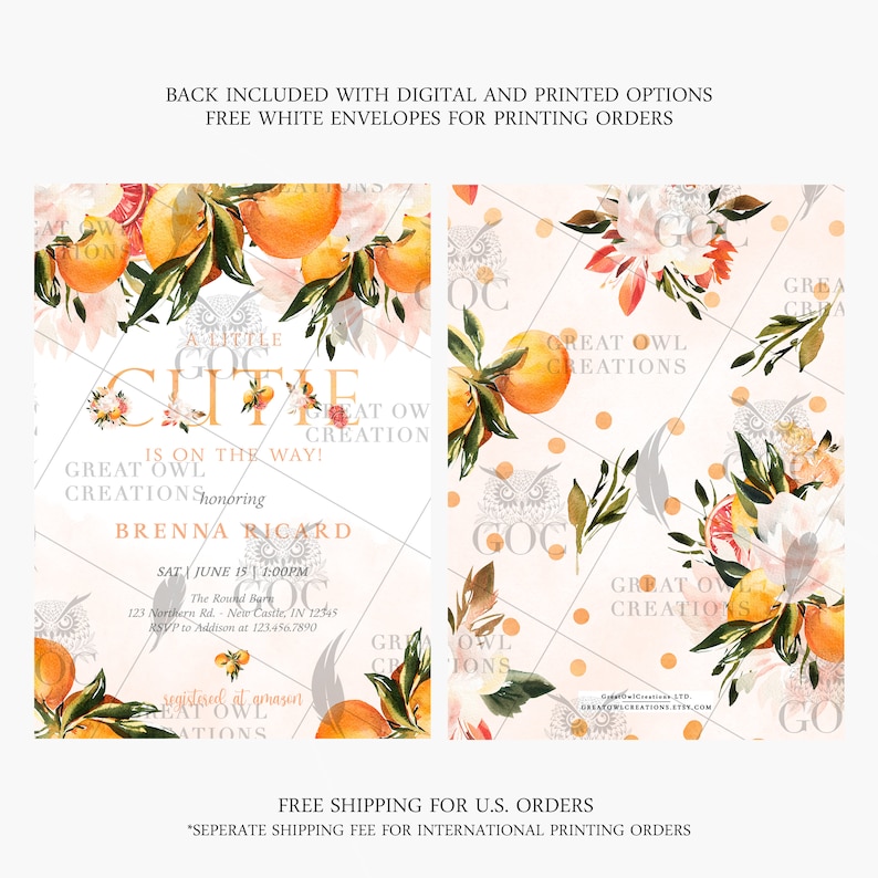 May include: A digital printable invitation for a baby shower with a citrus theme. The invitation features a watercolor illustration of oranges, lemons, and flowers. The text on the invitation reads "A Little Cutie is on the way!" and "Great Owl Creations honoring Brenna Ricard".