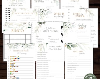 Greenery Baby Shower Games Package | Self Edit Instant Download Printable