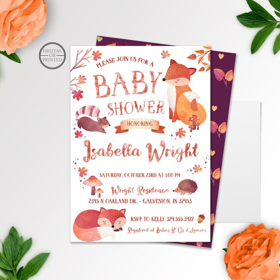 Woodland Baby Shower Invitation | Fox Baby Shower Invitation | Fall Baby Shower Invitation | Forest Animals Invitation | Watercolor Invite Il_570xn
