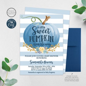 Fall Blue and White Sweet Little Pumpkin Baby Shower Invitation