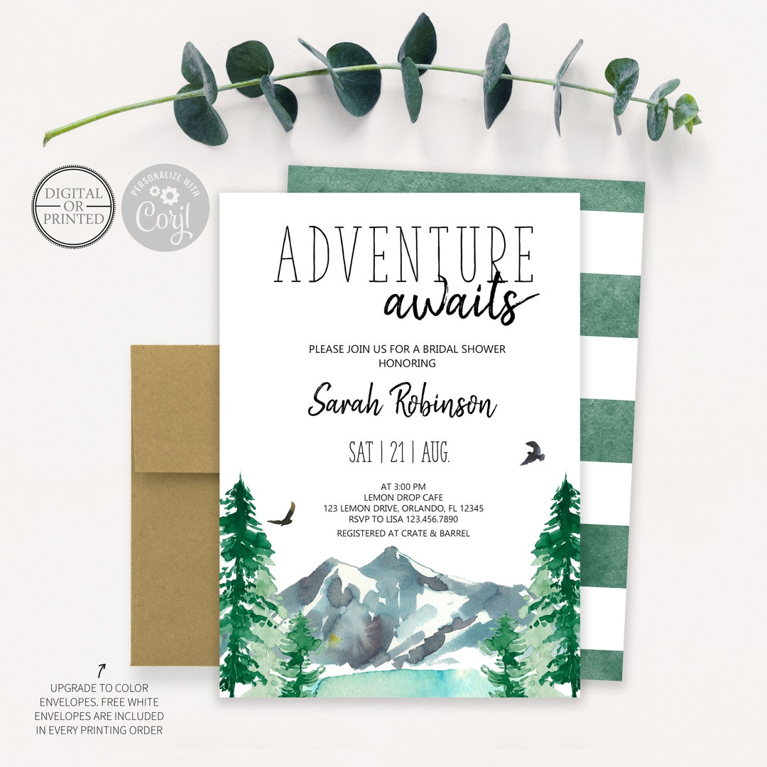 Adventure Awaits Bridal Shower Invitation | Woodland Mountain