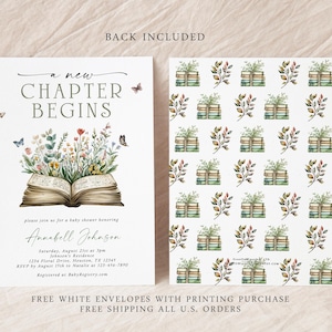 May include: A baby shower invitation with a watercolor illustration of an open book with flowers and butterflies. The text "a new chapter begins" is written above the book. The invitation is for Annabell Johnson and includes the date, time, and location of the shower.