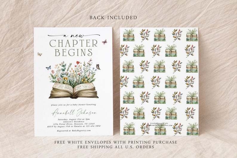 May include: A baby shower invitation with a watercolor illustration of an open book with flowers and butterflies. The text "a new chapter begins" is written above the book. The invitation is for Annabell Johnson and includes the date, time, and location of the shower.