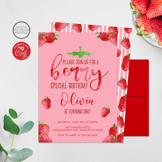 Strawberry Girl's Berry Special First Birthday Invitation Il_570xn