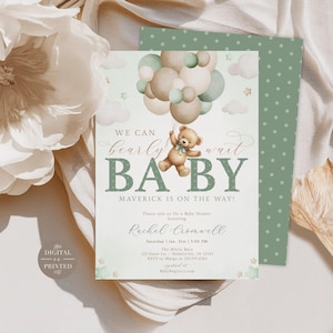 Green Bear Balloon Baby Shower Invitation, We Can Bearly Wait Baby Shower Invite, Green Bear, Printed or Instant Editable Template, BA122924