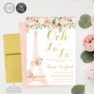 May include: A pink and white bridal shower invitation with a gold Eiffel Tower graphic and floral accents. The text reads "Ooh LaLa" and "Please join us for a bridal shower honoring Renee Luxford".