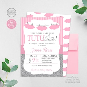 May include: A baby shower invitation card featuring a pink and white striped top section with a clothesline of pink tutus, and a gray damask patterned bottom section. The text reads: LITTLE GIRLS ARE JUST TUTU CUTE! PLEASE JOIN US FOR A BABY SHOWER HONORING Jenna Reese March 9th 1:00-3:00 PM Mandy's Dance Studio 123 Barker Street Tipton, IN 12345 RSVP to Alex at 123-555-6789 Registered at Baby Registry.