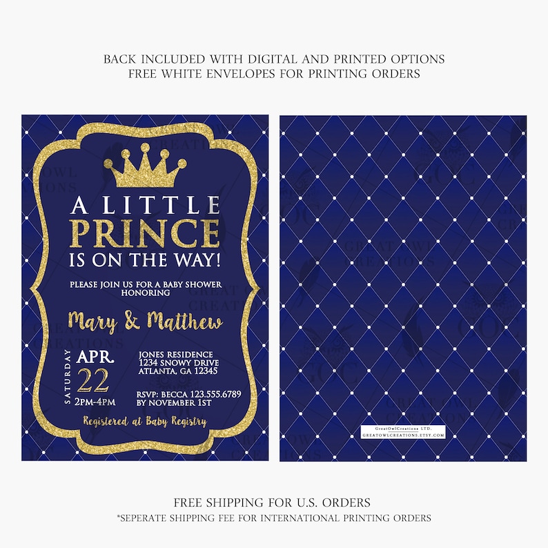 Op de afbeelding: Een blauwe en gouden babyborrel uitnodiging met een gouden kroon en de tekst "A Little Prince is on the Way!" De uitnodiging bevat de datum, tijd en locatie van de borrel, evenals de namen van de aanstaande ouders, Mary en Matthew.