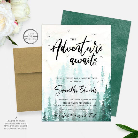 Adventure Awaits Baby Shower Invitation | Woodland Baby Shower Invitation | Printed or Digital Il_570xn