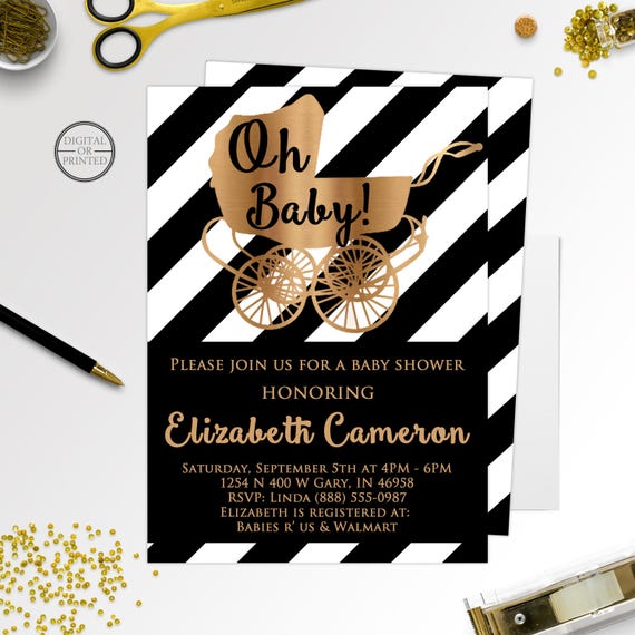 black white and gold baby shower invitations