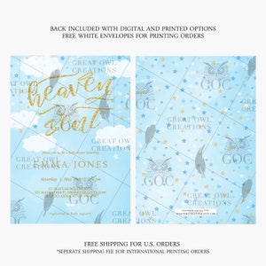 May include: Baby shower invitation with a light blue background, featuring gold text that reads "Heaven Sent." The design includes clouds, feathers, and owls. The invitation includes the name Emma Jones and event details.