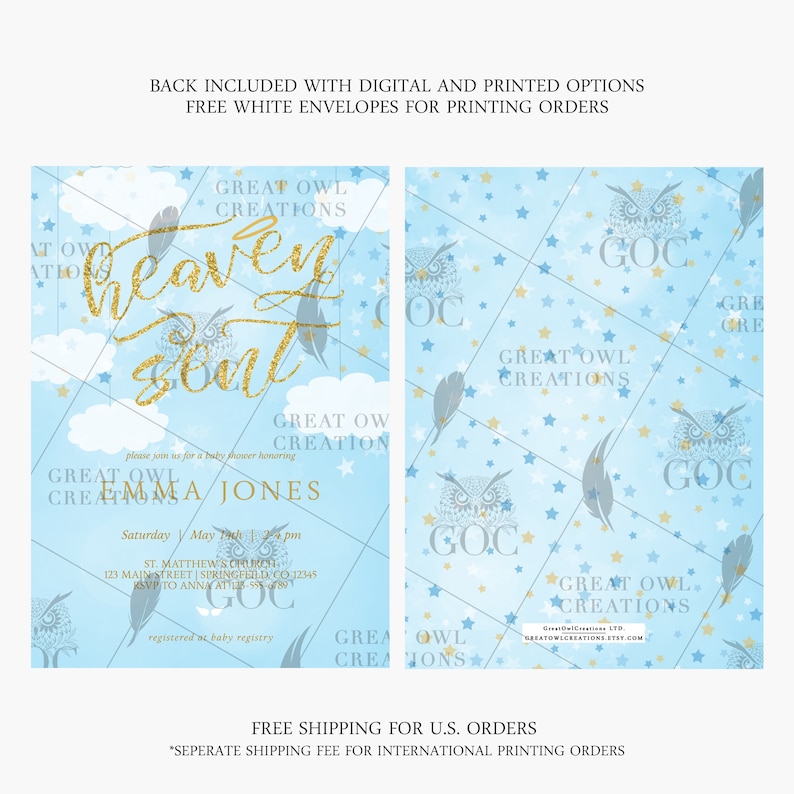 May include: Baby shower invitation with a light blue background, featuring gold text that reads "Heaven Sent." The design includes clouds, feathers, and owls. The invitation includes the name Emma Jones and event details.