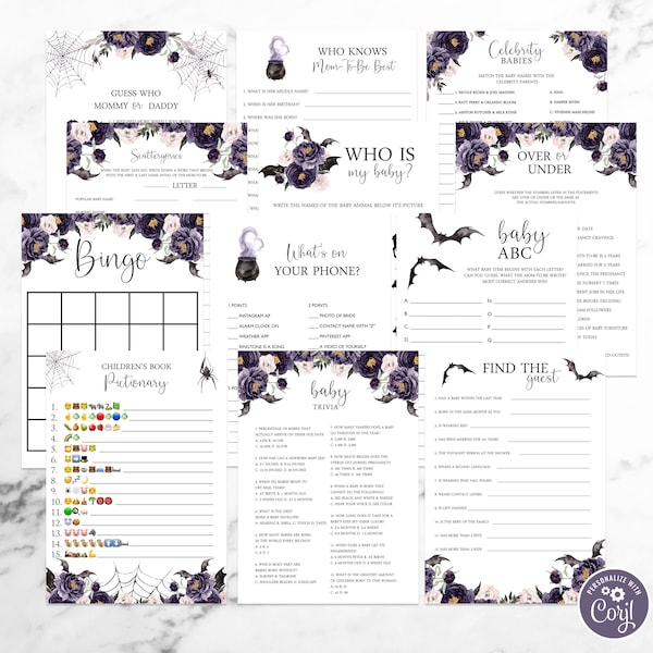 Halloween Baby Shower Games Package, Self Edit Instant Download Printable, BA-81722