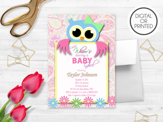 Owl Baby Shower Invitation, Owl Baby Shower Invites, Owl Themed, Owl Baby Girl, Owl Shower Invites, Paisley, Digital Printable Invite Il_570xn