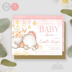 Invitación para baby shower con elefante rosa imagen 1