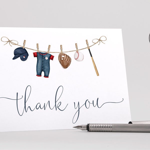 Baseball Thank You Cards | Little Slugger Folded Card Baby Shower Stationary | Editable Instant Digital or Printed | BA-20623