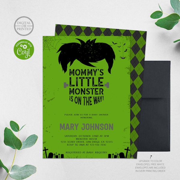 Invitación para baby shower con el mensaje "El pequeño monstruo en camino" de Halloween
