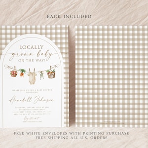 May include: A baby shower invitation with a gingham background. The invitation features a watercolor illustration of a baby onesie hanging on a clothesline with vegetables and fruit. The text reads "Locally grown baby on the way!" and includes the name "Annabell Johnson".