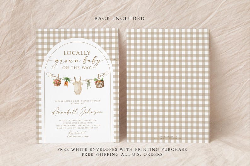 May include: A baby shower invitation with a gingham background. The invitation features a watercolor illustration of a baby onesie hanging on a clothesline with vegetables and fruit. The text reads "Locally grown baby on the way!" and includes the name "Annabell Johnson".