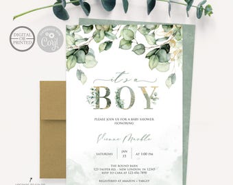 May include: A white baby shower invitation card featuring green eucalyptus leaves at the top and the text It's a BOY in large letters. The card includes event details for Vivienne Marble on Saturday, Jan 15 at 1:00 PM at The Round Barn, 123 Tauper Rd.
