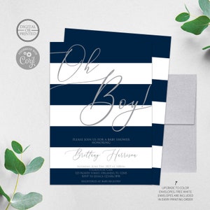 Oh Boy Baby Shower Invitation | Navy Blue, White and Gray Stripes Modern | Digital or Printed